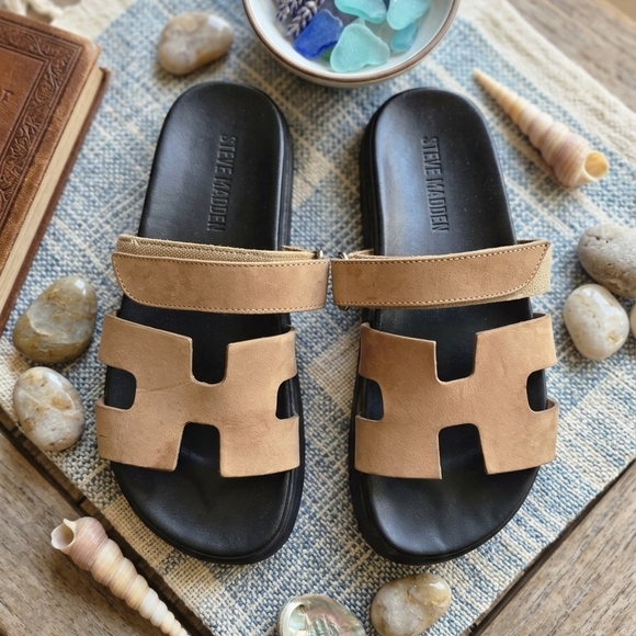 Steve Madden Shoes - Steve Madden Black Footbed with Tan Leather Upper Slide Sandals